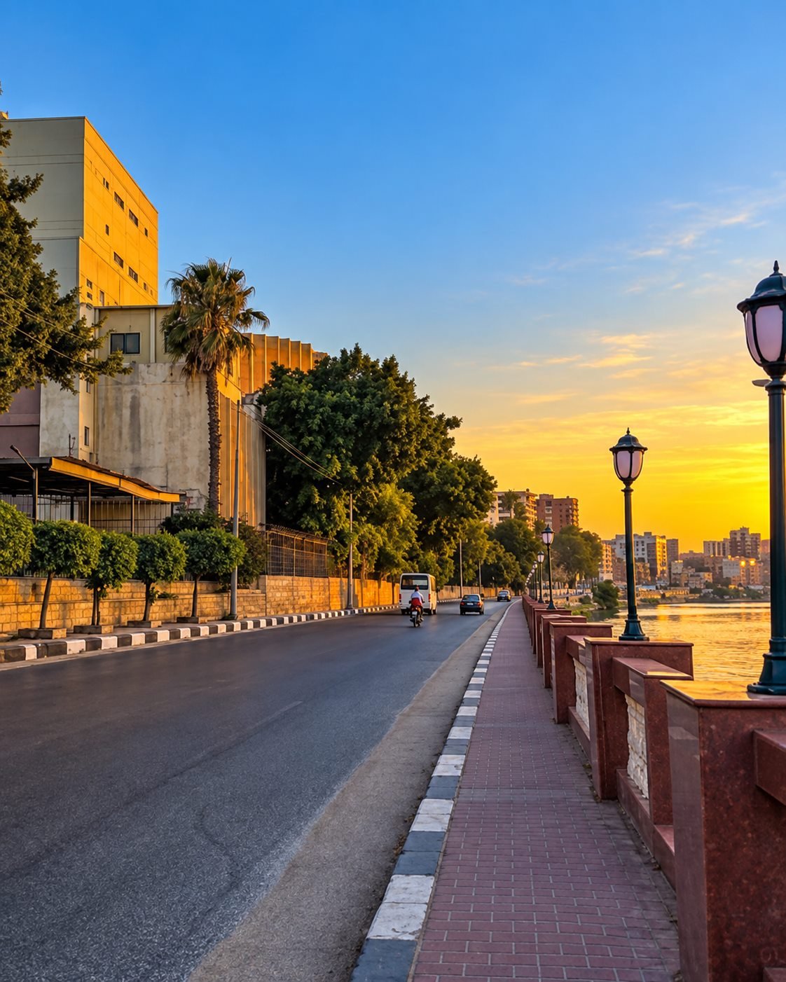 طريق الكورنيش في المنصورة وقت الغروب